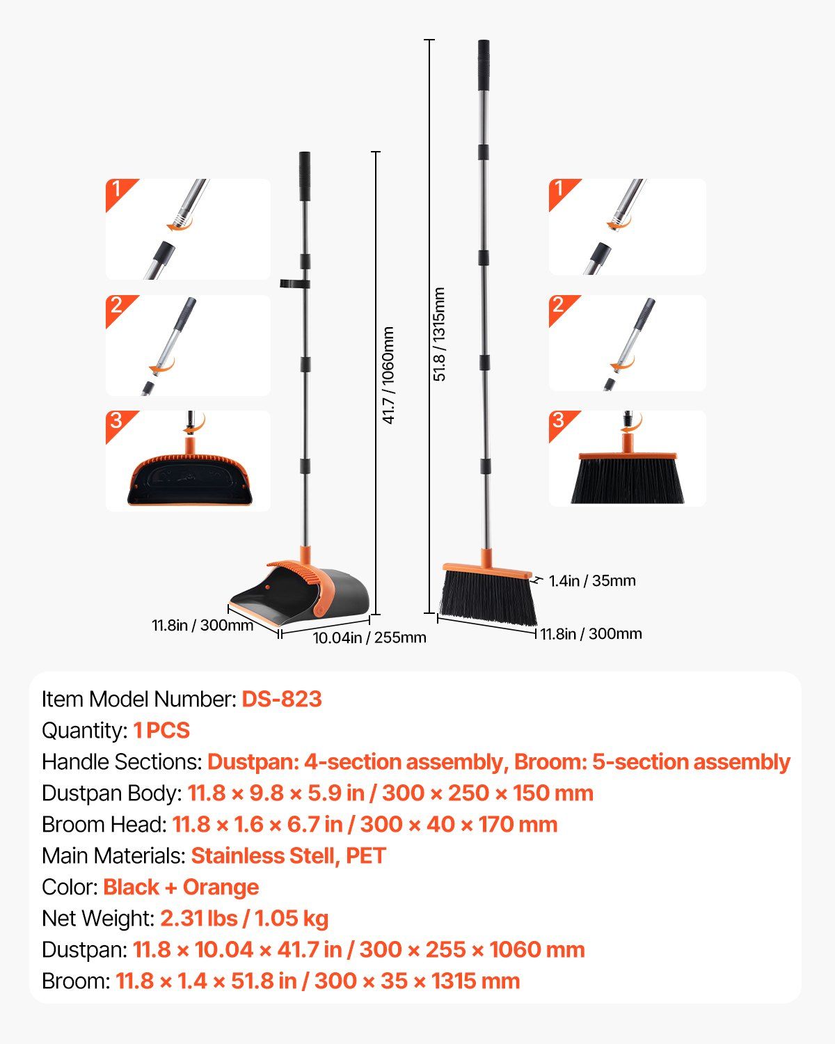 VEVOR Broom and Dustpan Set, Heavy Duty Dustpan and Broom Combo with Self-Cleani