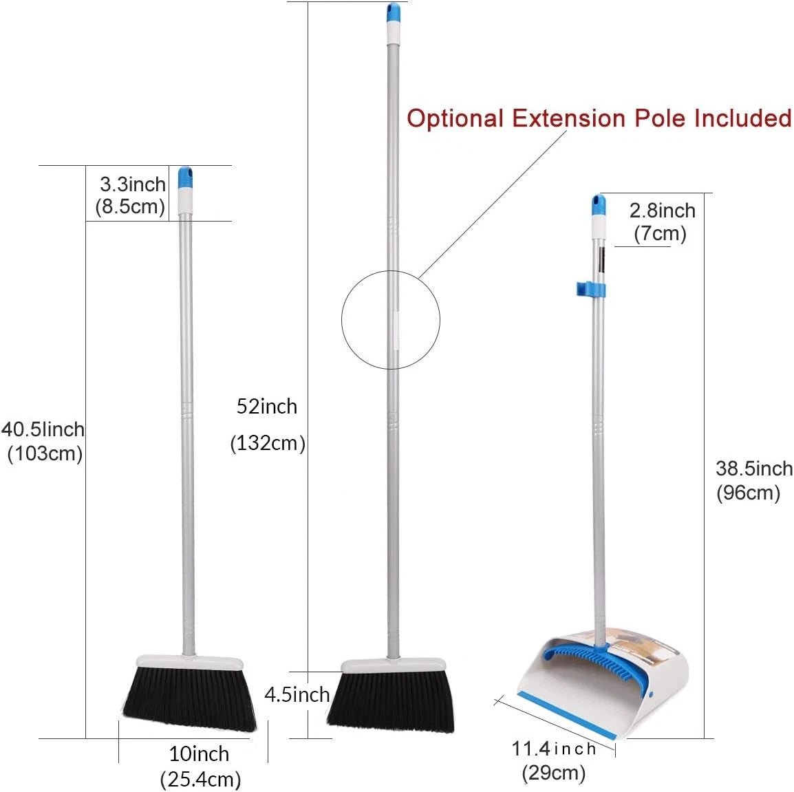 Long Handle Broom & Dustpan Set, Upright Dust Pan Combo for Home, Kitchen, Room