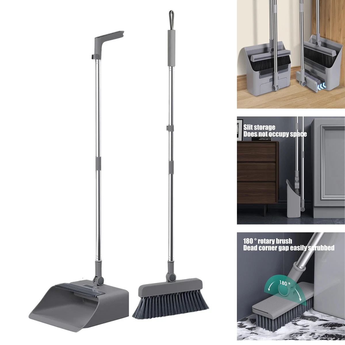 Foldable Broom and Dustpan Sweep Clean Set Dust Pan Broom Upright w/ Lid Combo