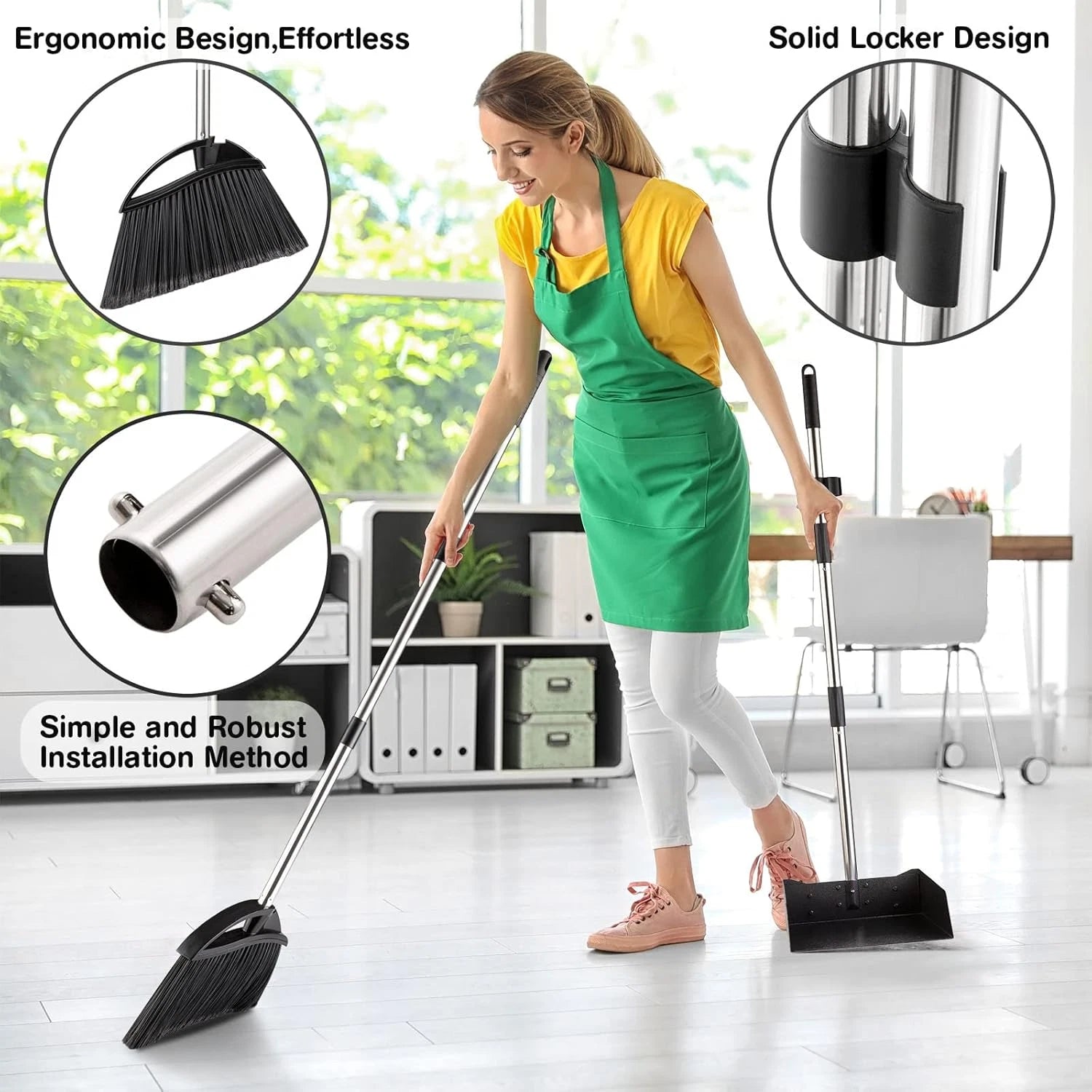 Long Handled^Dust Pan and Broom Set$for Home/Heavy Duty Metal Dustpans and Broom