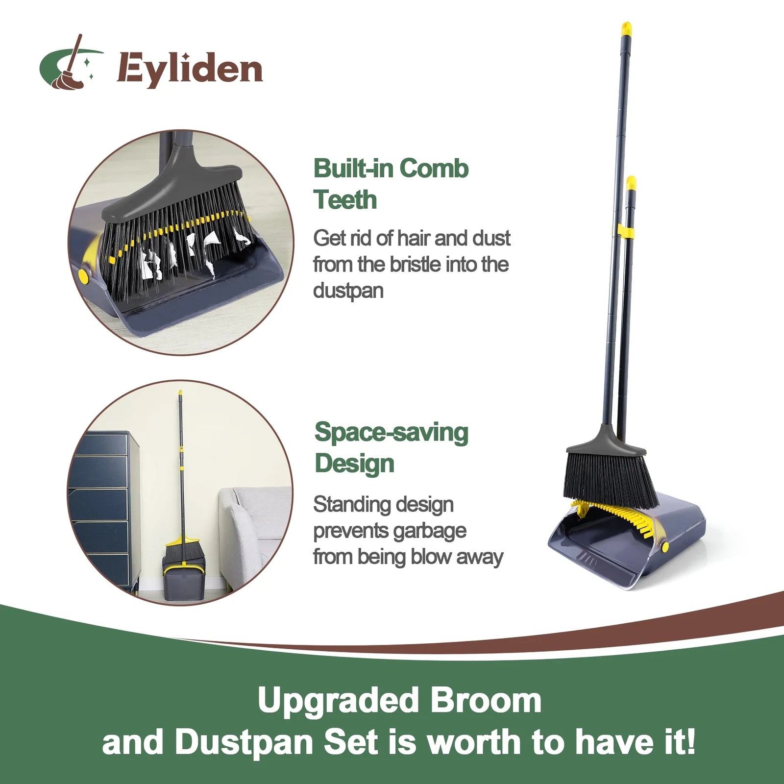 New Thicker Broom and Dustpan Set with Extendable Long Handle and Dustpan Comb,