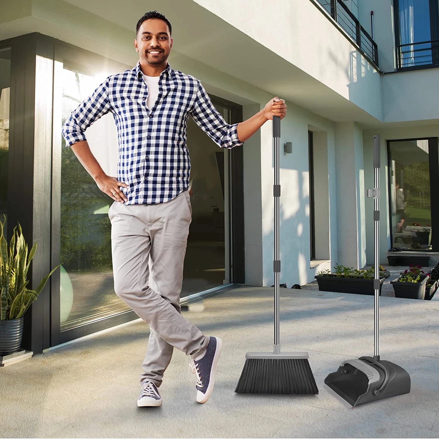 Kelamayi Broom and Dustpan Set for Home, Office, Indoor&Outdoor Sweeping, Stand