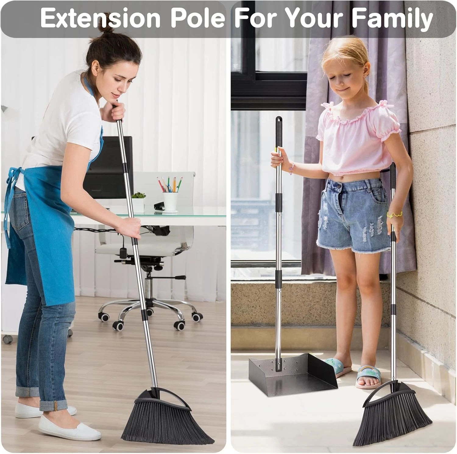 Long Handled^Dust Pan and Broom Set$for Home/Heavy Duty Metal Dustpans and Broom