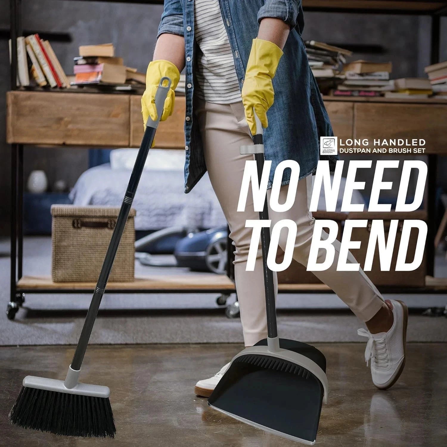 Long Handled Dustpan and Brush Set Strong Metal Handle Dust Pan & Broom Sweeper