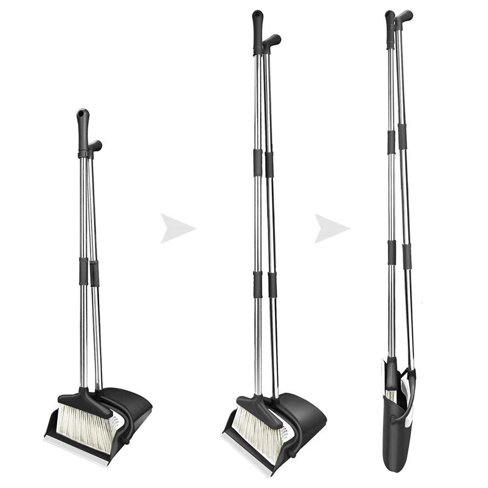 Foldable Broom and Dustpan Sweep Clean Set Dust Pan Broom Upright  w/ Lid Combo