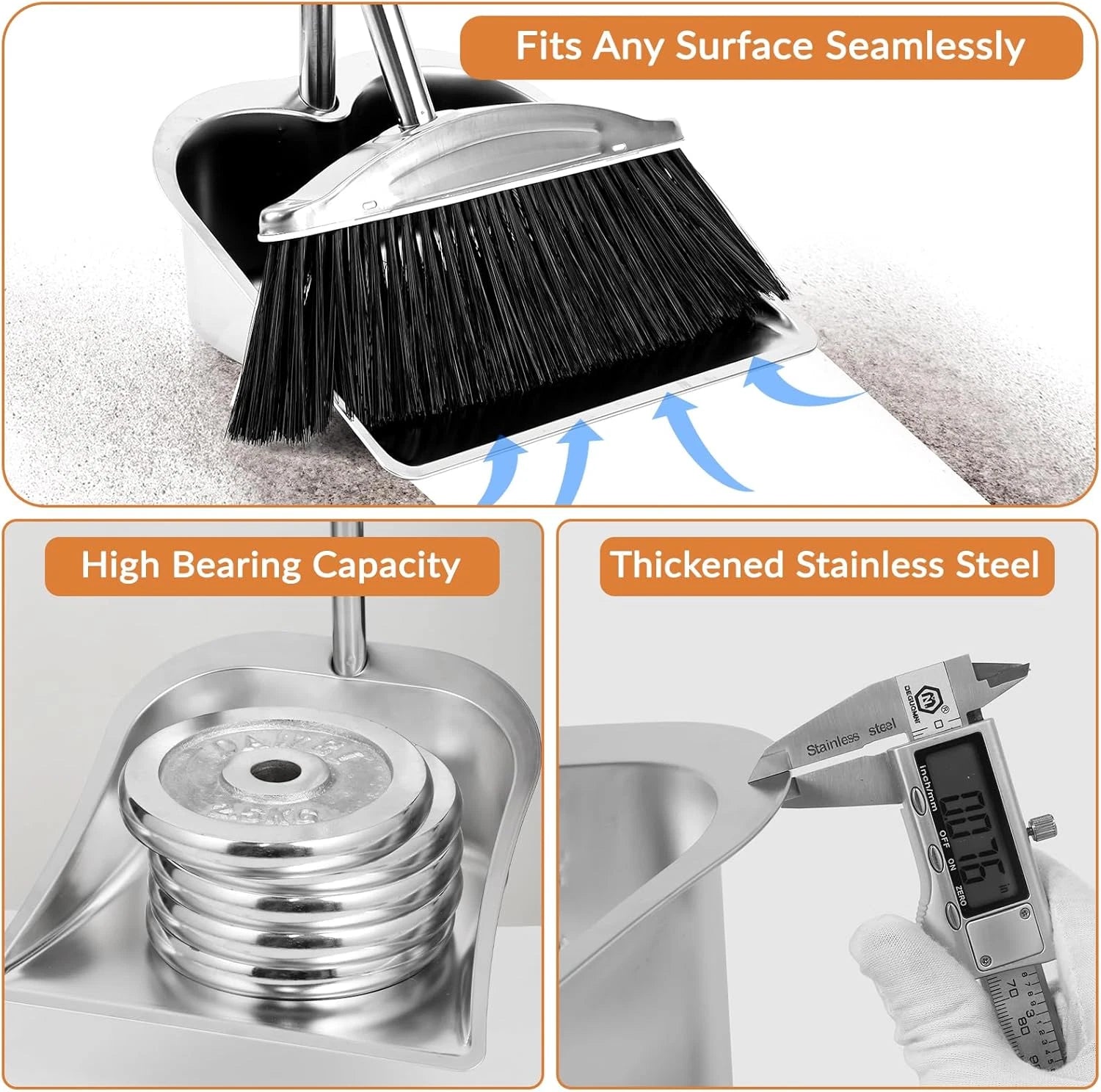 Broom with Dustpan Combo Set, 46" Stainless Steel Broom and Dustpan Set for Home