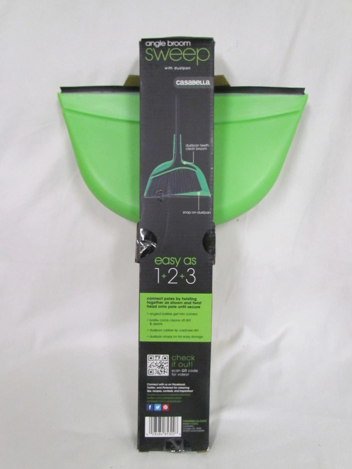 Casabella Basics 3-Piece Angled Broom and Dustpan Cleaning Set, Black/Green New