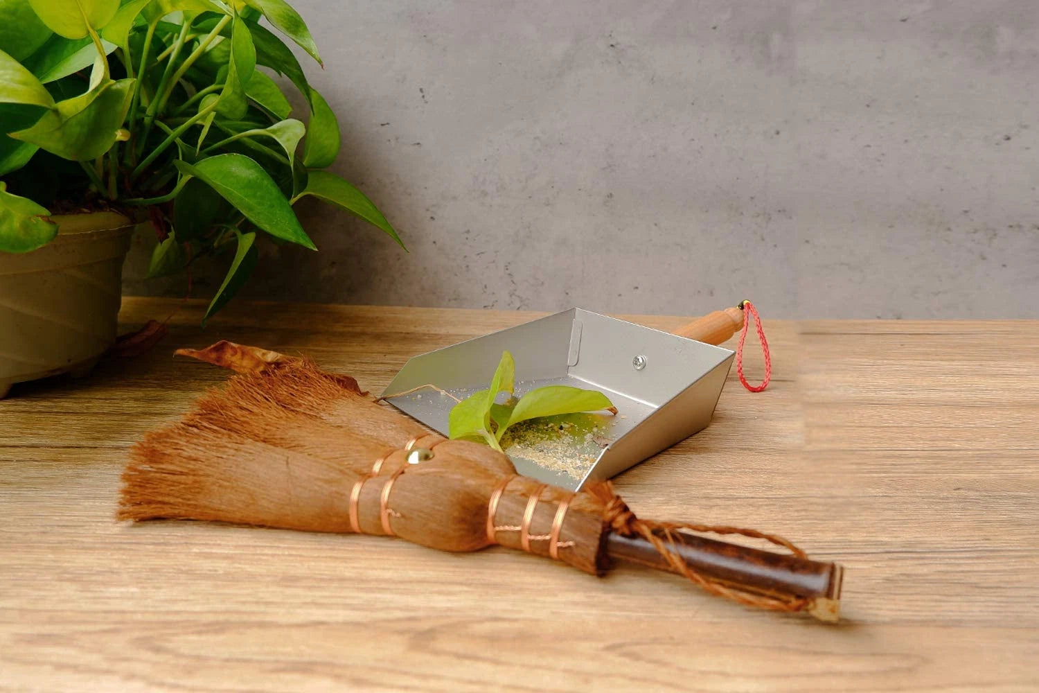 Mini Metal Dustpan and Brush Set Handmade Natural Bristle Hand Broom