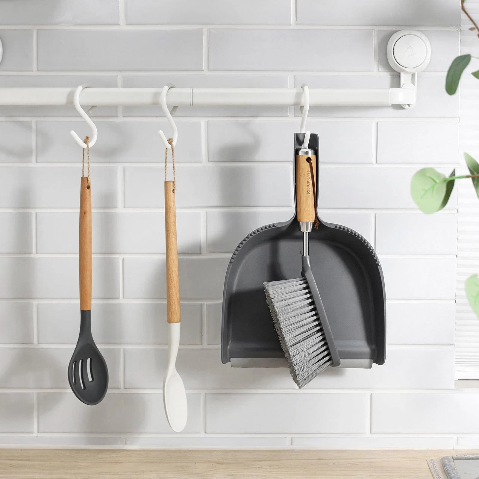 Dustpan and Brush Set with Stainless Steel Handle Mini Broom Dark Gray