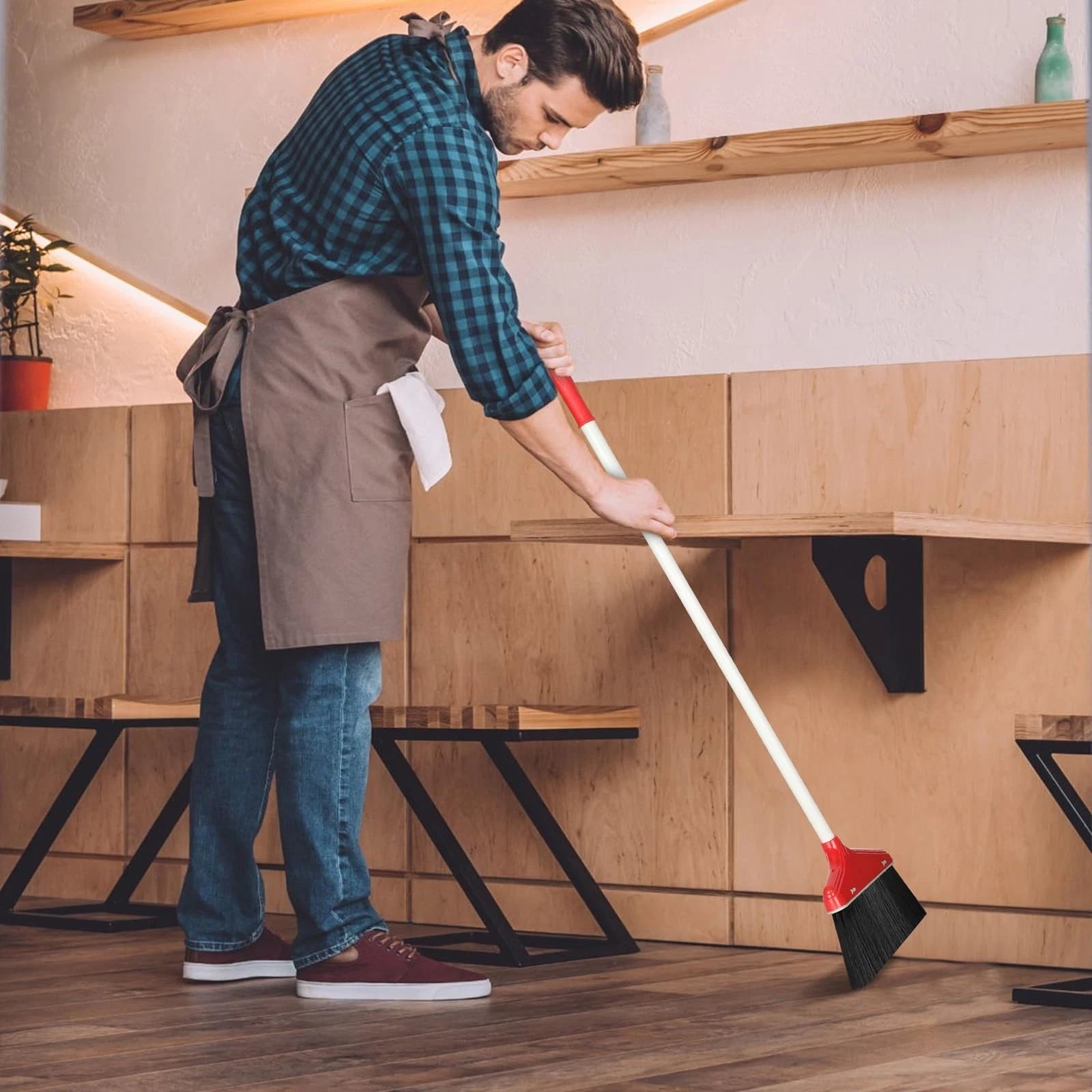 WILLBOND Set of 8 Broom and Dustpan Set Long Handle Broom with Upright Standing