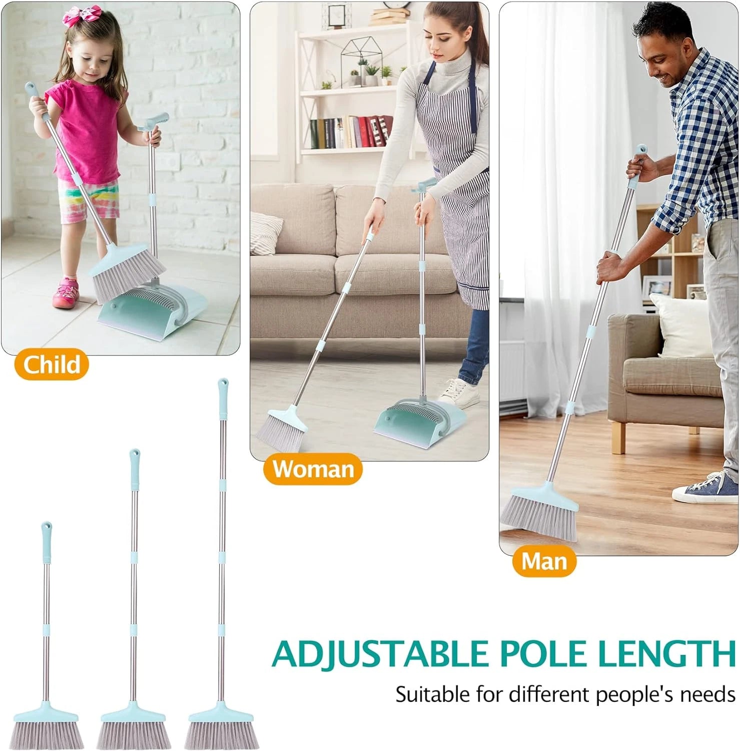 XXXFLOWER Broom and Dustpan Set with Cleaning Teeth, 55" Long Handle Indoor Swee