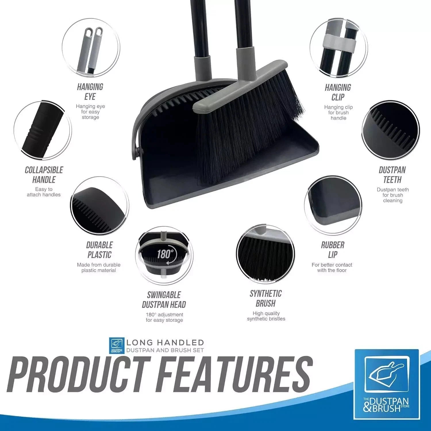 Long Handled Dustpan and Brush Set Strong Metal Handle Dust Pan & Broom Sweeper