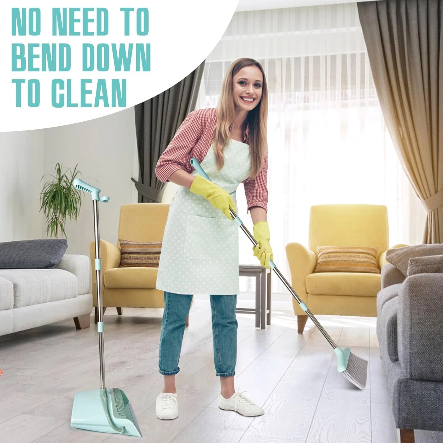 XXXFLOWER Broom and Dustpan Set with Cleaning Teeth, 55" Long Handle Indoor Swee