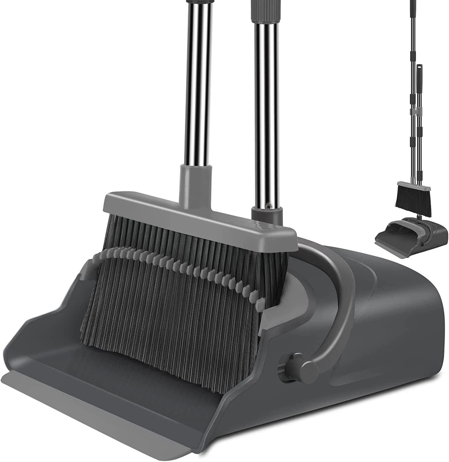 Stand-Up Broom and Dustpan Set for Home & Office - Black & Gray