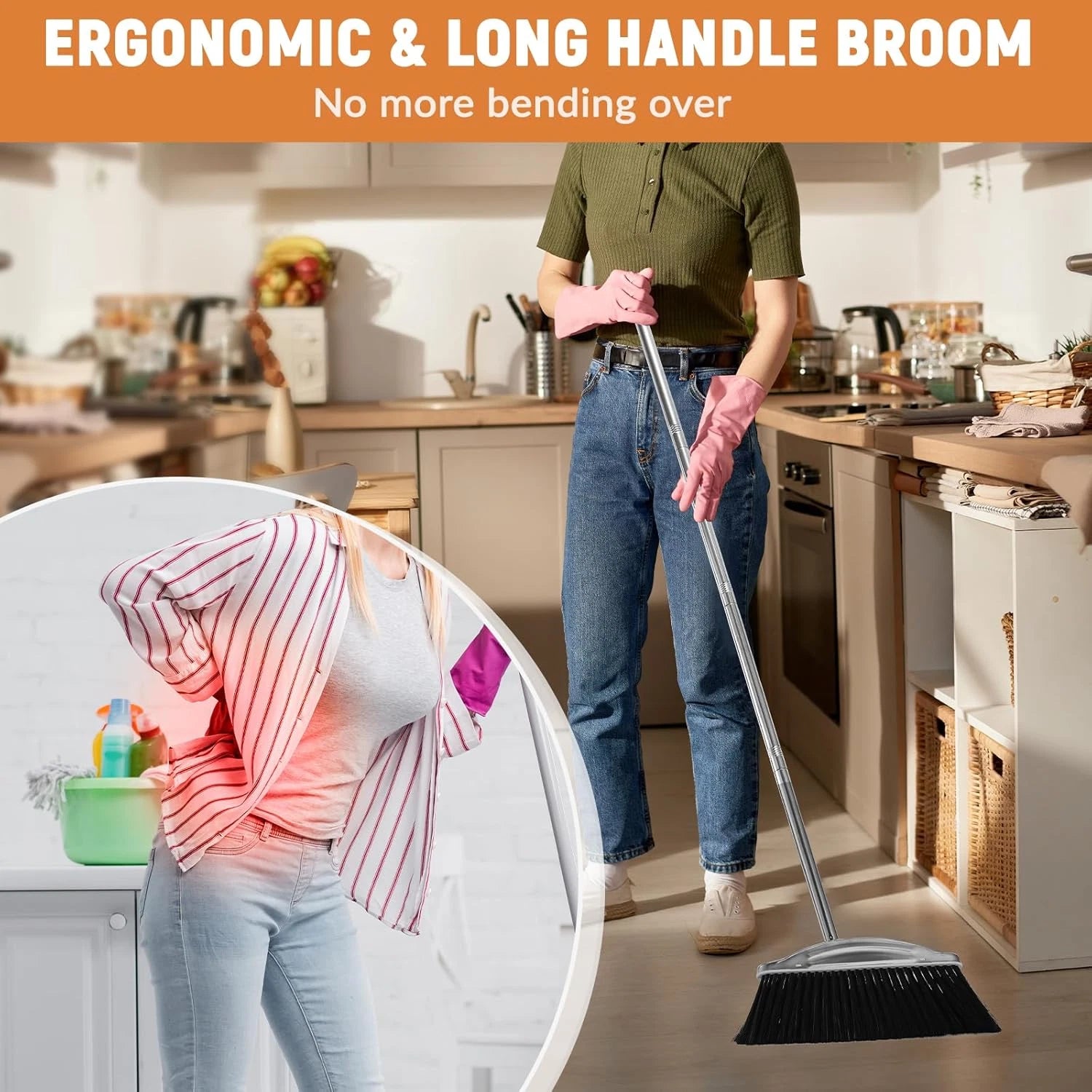 Broom with Dustpan Combo Set, 46" Stainless Steel Broom and Dustpan Set for Home