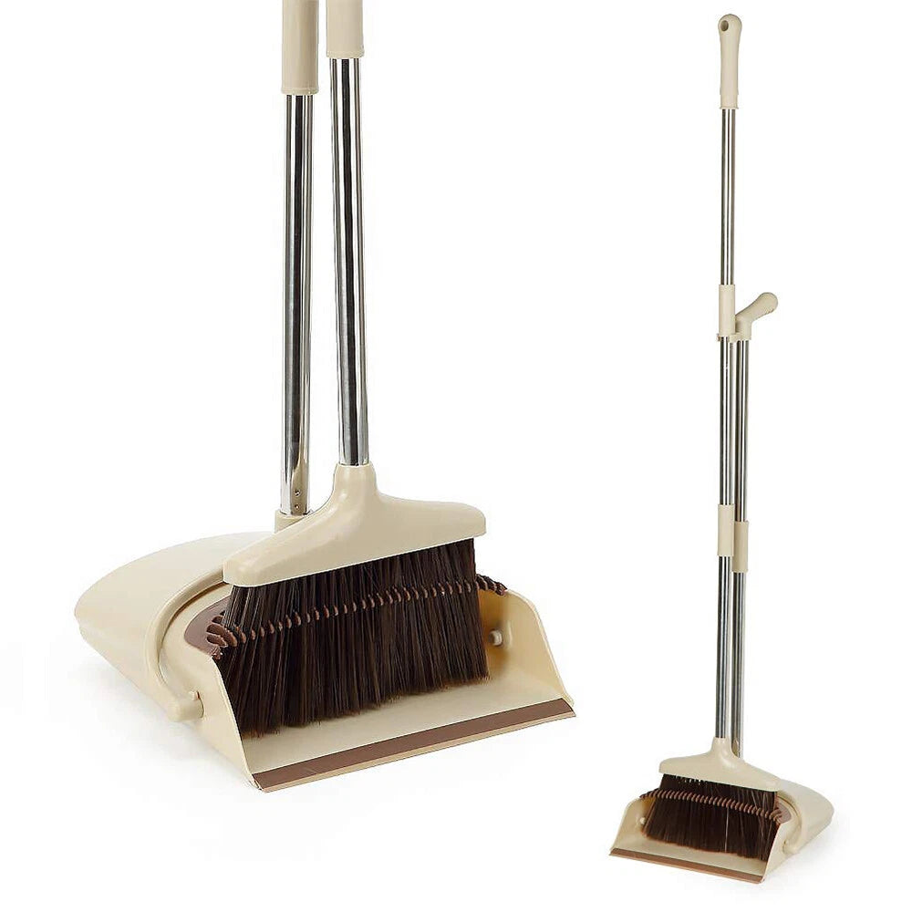 Foldable Broom and Dustpan Sweep Clean Set Dust Pan Broom Upright  w/ Lid Combo