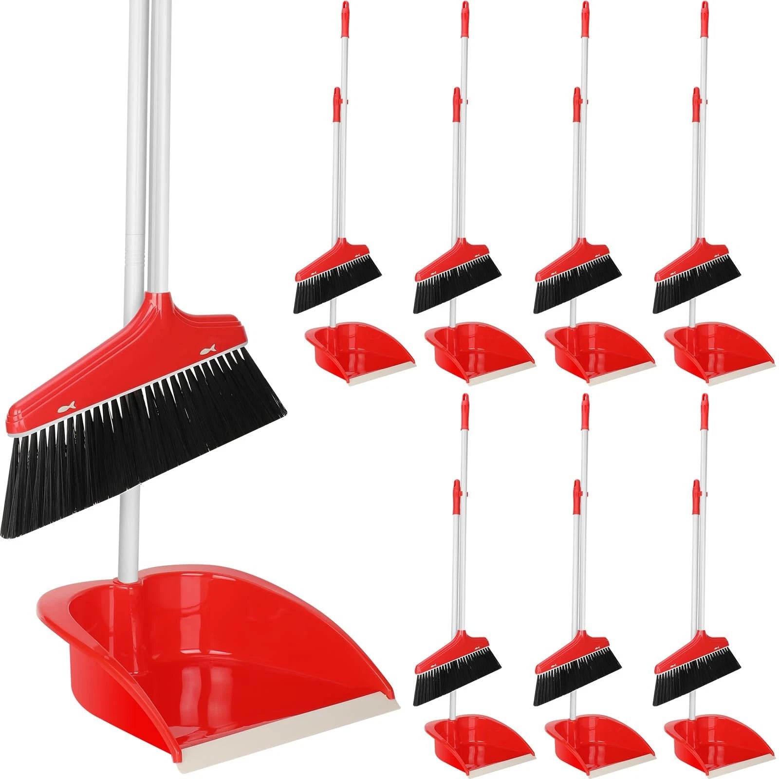 WILLBOND Set of 8 Broom and Dustpan Set Long Handle Broom with Upright Standing