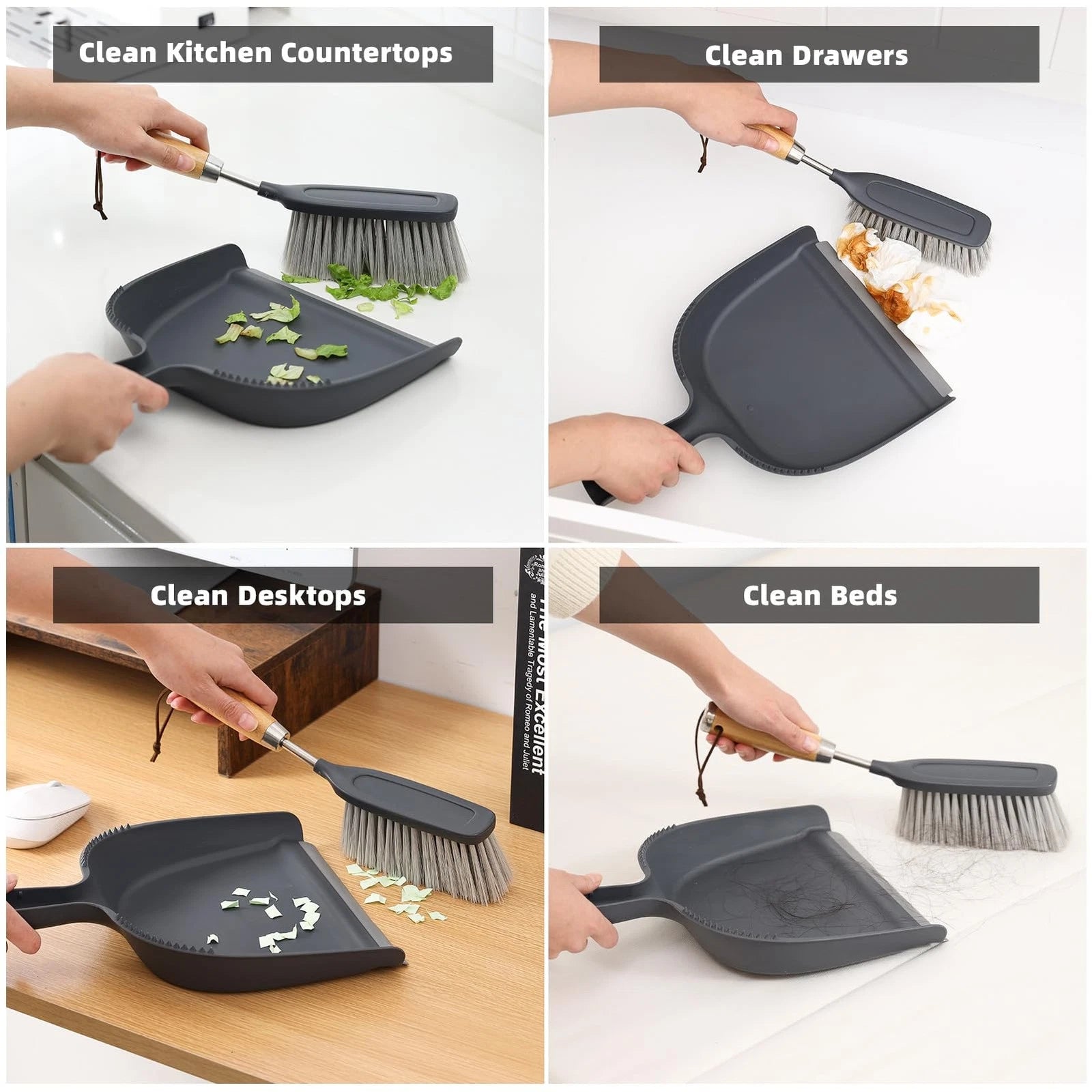 Dustpan and Brush Set with Stainless Steel Handle Mini Broom Dark Gray