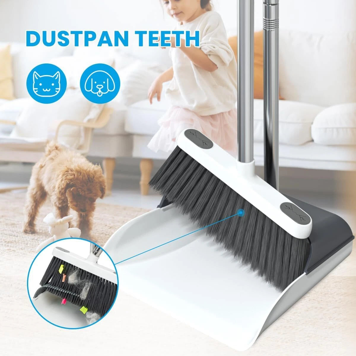 Stand up Dustpan and Broom Set 50” Long Handle Broom with Dust Pan, 20° Angled f