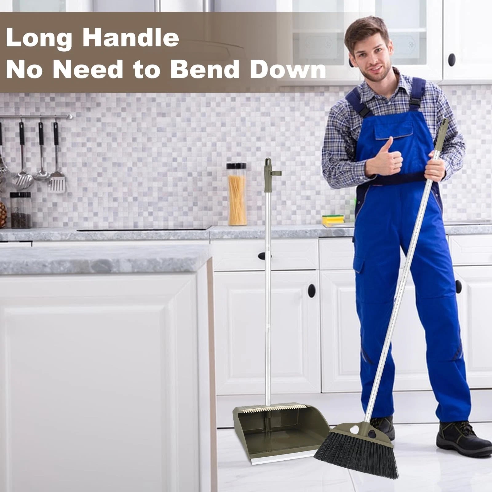 Upgrade Broom with Dustpan Combo Set, 48" Long Handle Stiff Broom Bristles wi