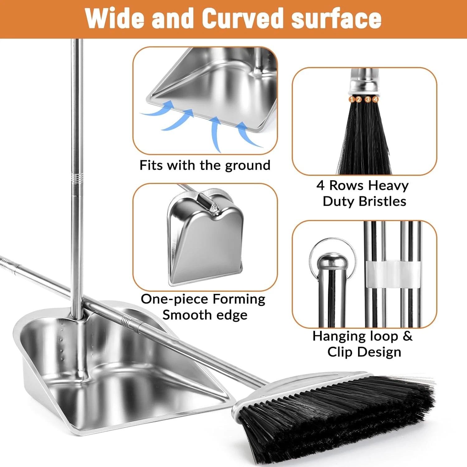 Broom with Dustpan Combo Set, 46" Stainless Steel Broom and Dustpan Set for Home
