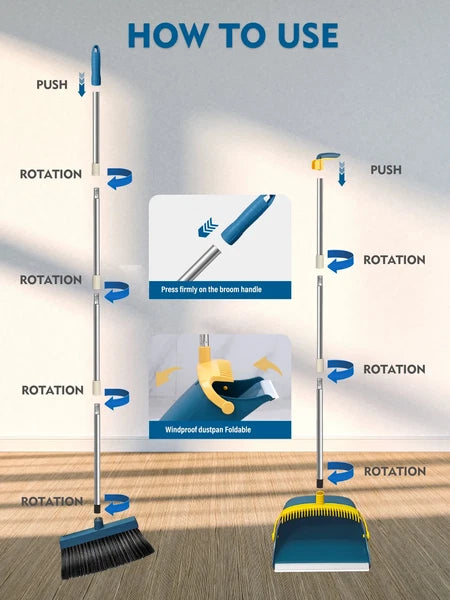 Upgrade Broom and Dustpan Set for Home,Self-Cleaning with Dustpan Teeth,51.2In,S