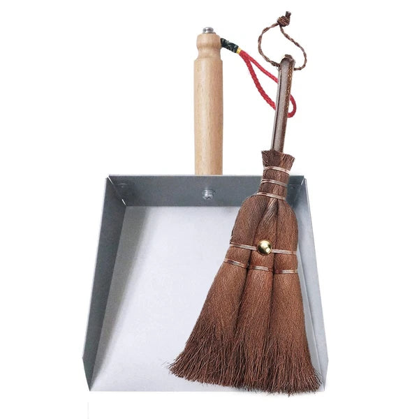 Mini Metal Dustpan and Brush Set Natural Bristle Hand Broom for Fireplace Woo...