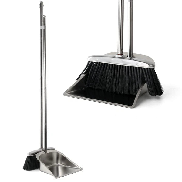 Heavy Duty Stainless Steel Broom and Dustpan Set with Long Handle