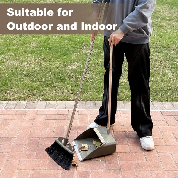 Upgrade Broom with Dustpan Combo Set, 48" Long Handle Stiff Broom Bristles wi