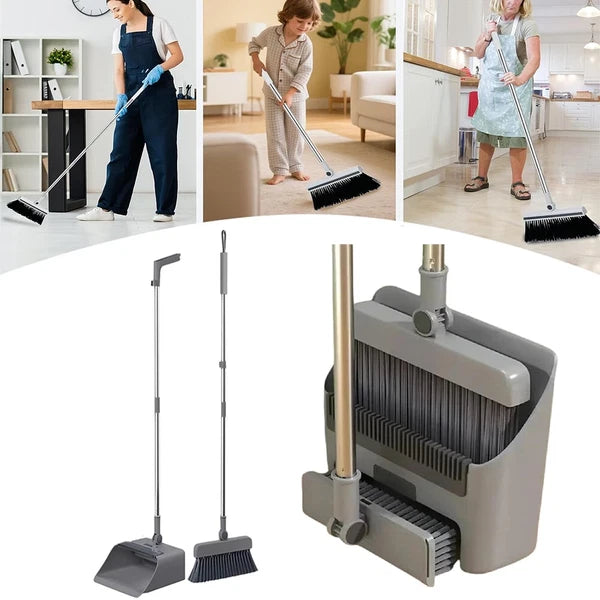 Combo 3-In-1 Broom and Dustpan Set Lightweight Upright Lobby Broom and Dust Pan