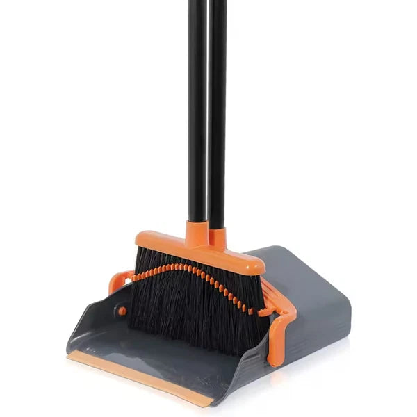 Broom and Dustpan Set with 50" Long Handle for Home Kitchen, Black/Orange