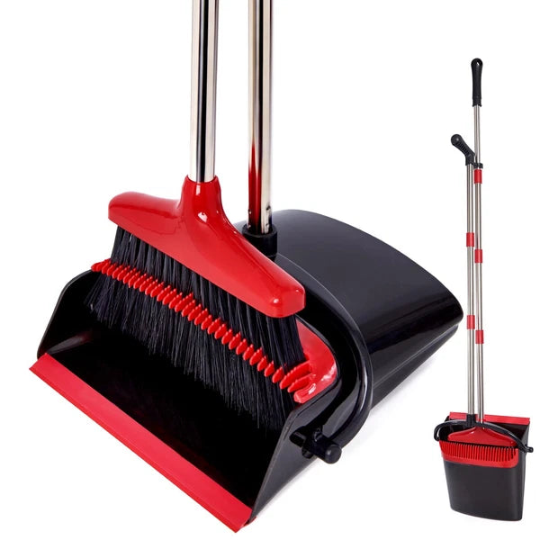 Broom and Dustpan Set with Long Handle Light Weight Stainless Steel Poles Stand
