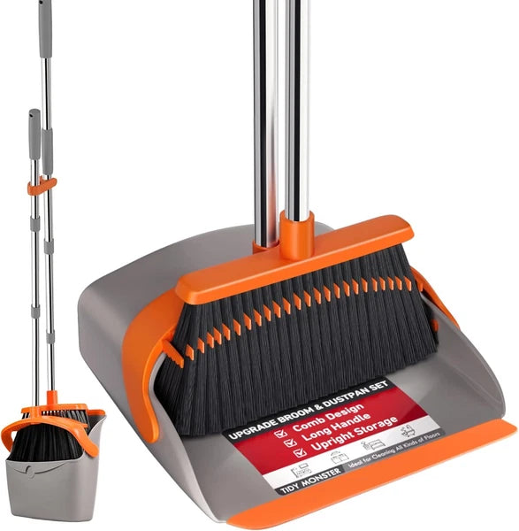 Broom and Dustpan Set, Large Upright Brooms and Dust Pans with 52" Long Handle,