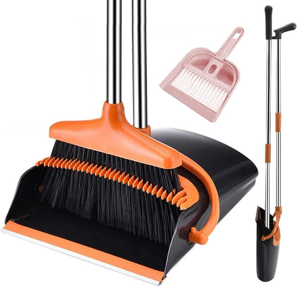Broom and Dustpan Set with Long Handle, Windproof Stand up Dustpan with Broom Co