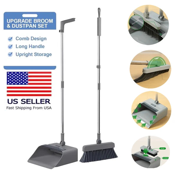 Broom and Dustpan Set, 36-In Long Adjustable Handle Broom Dustpan Combo with Dus