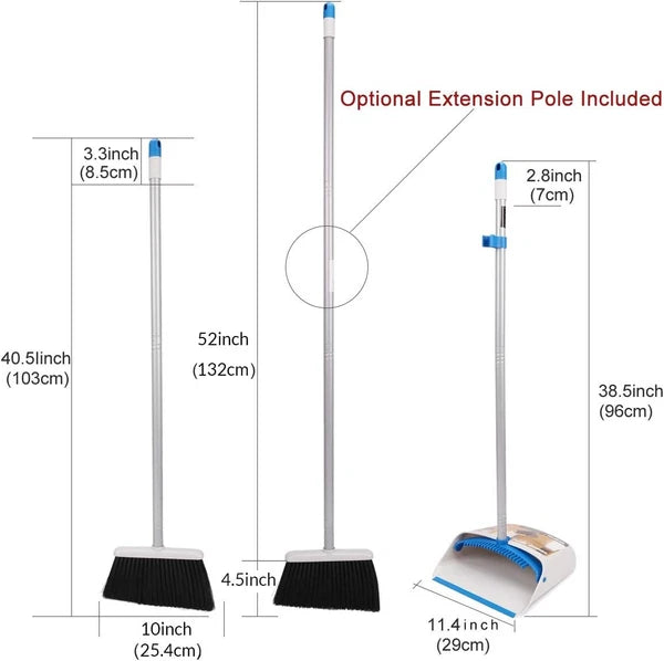 Long Handle Broom & Dustpan Set, Upright Dust Pan Combo for Home, Kitchen, Room