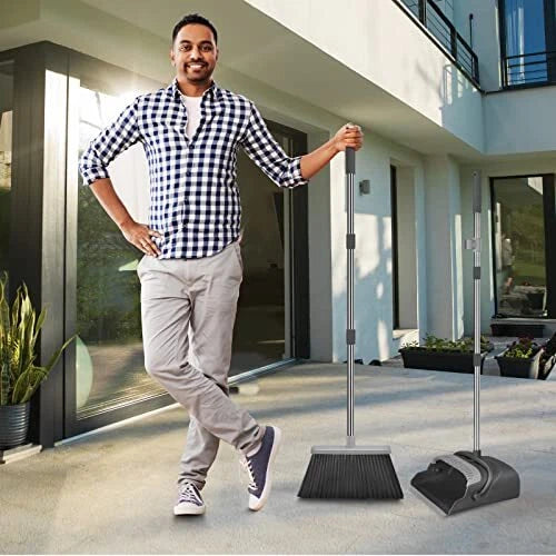 kelamayi Upgrade Broom and Dustpan Set, Self-Cleaning with Dustpan Teeth for Dog