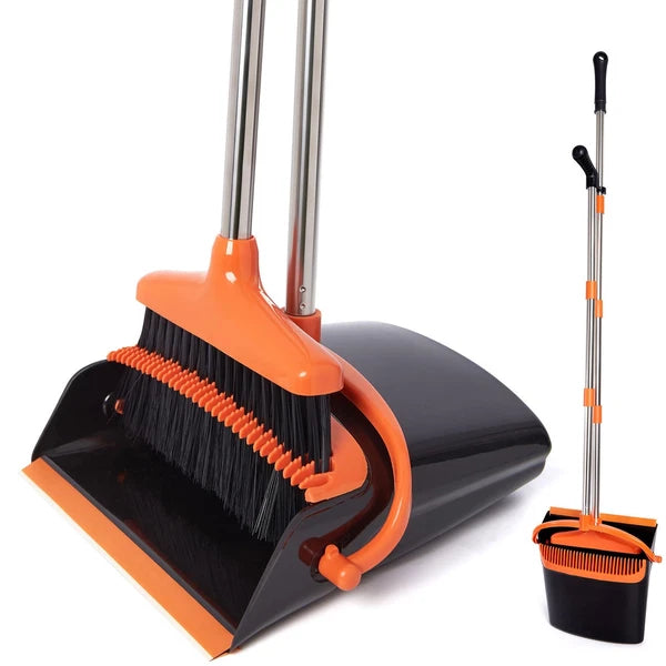 Broom and Dustpan Set with Long Handle Stainless Steel Poles Black/Orange