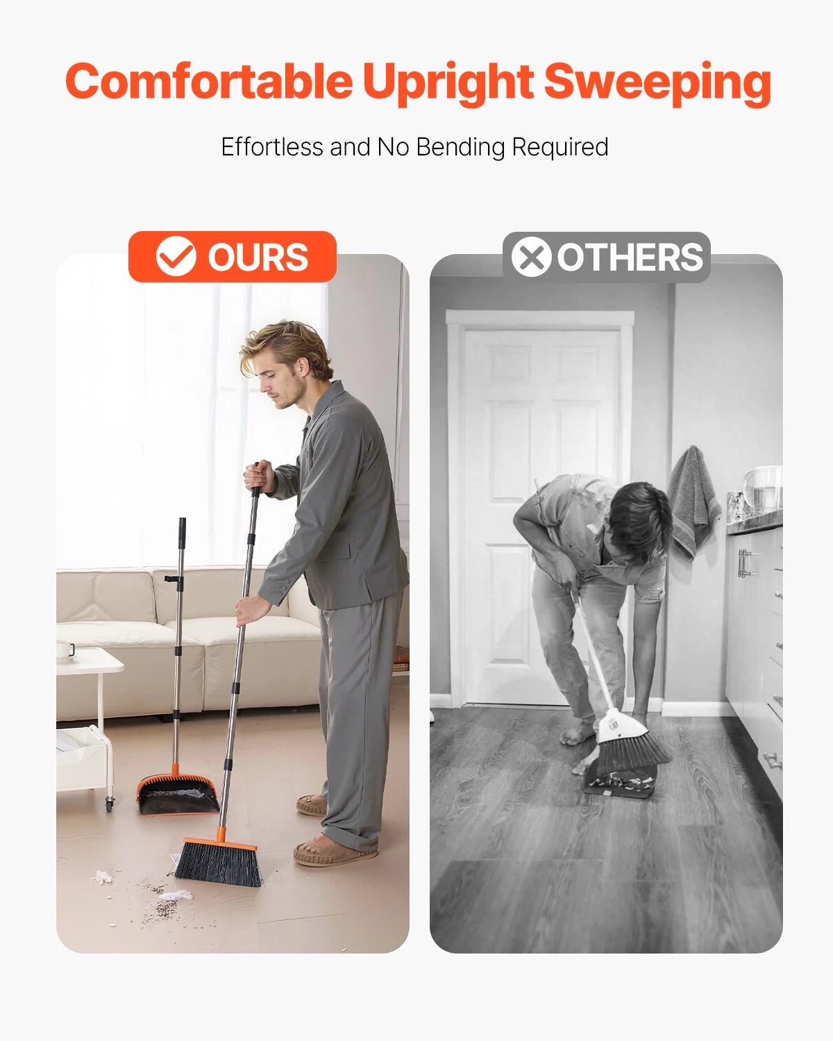 VEVOR Broom and Dustpan Set with Self-Cleaning Teeth for Home Office Restaurant