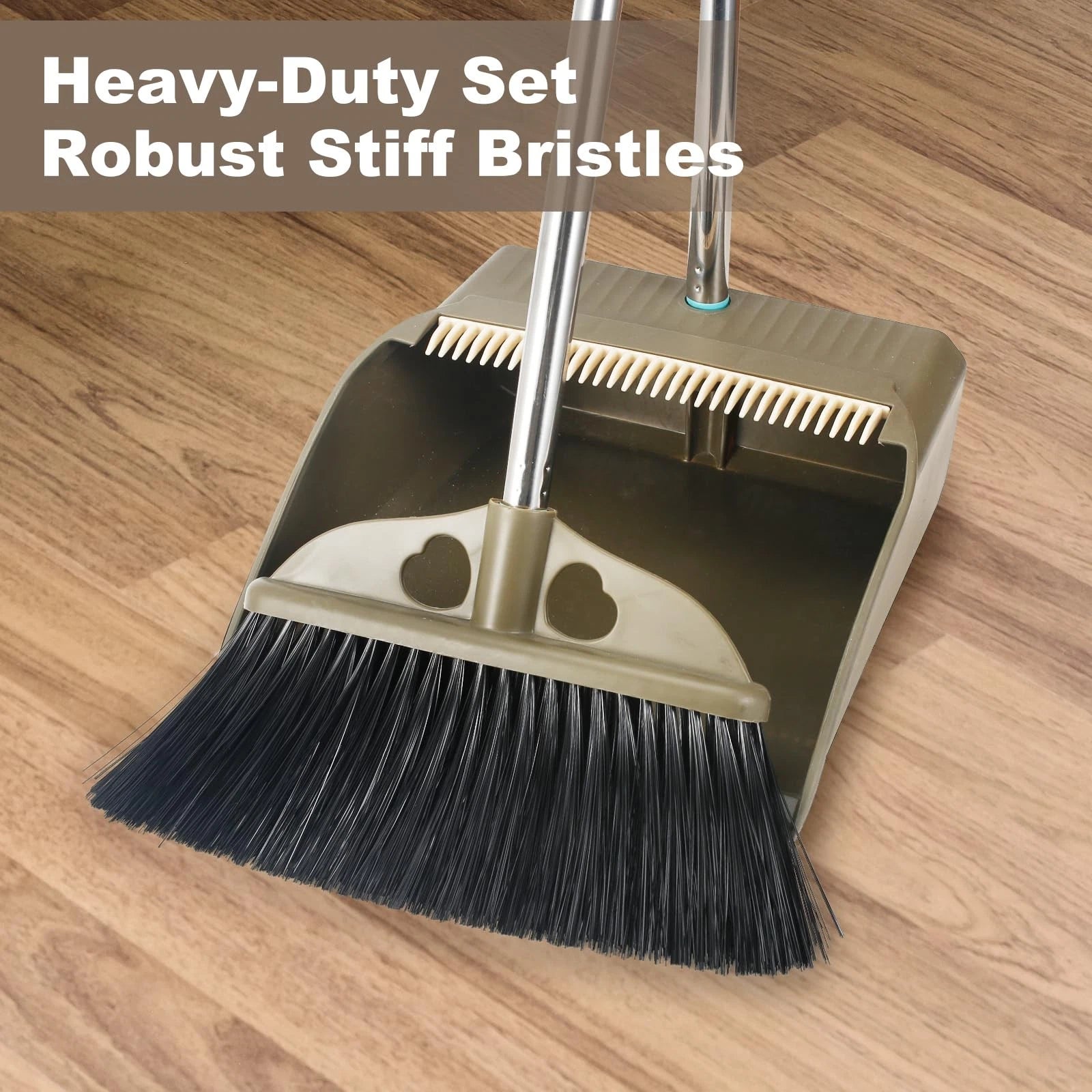 Upgrade Broom with Dustpan Combo Set, 48" Long Handle Stiff Broom Bristles wi