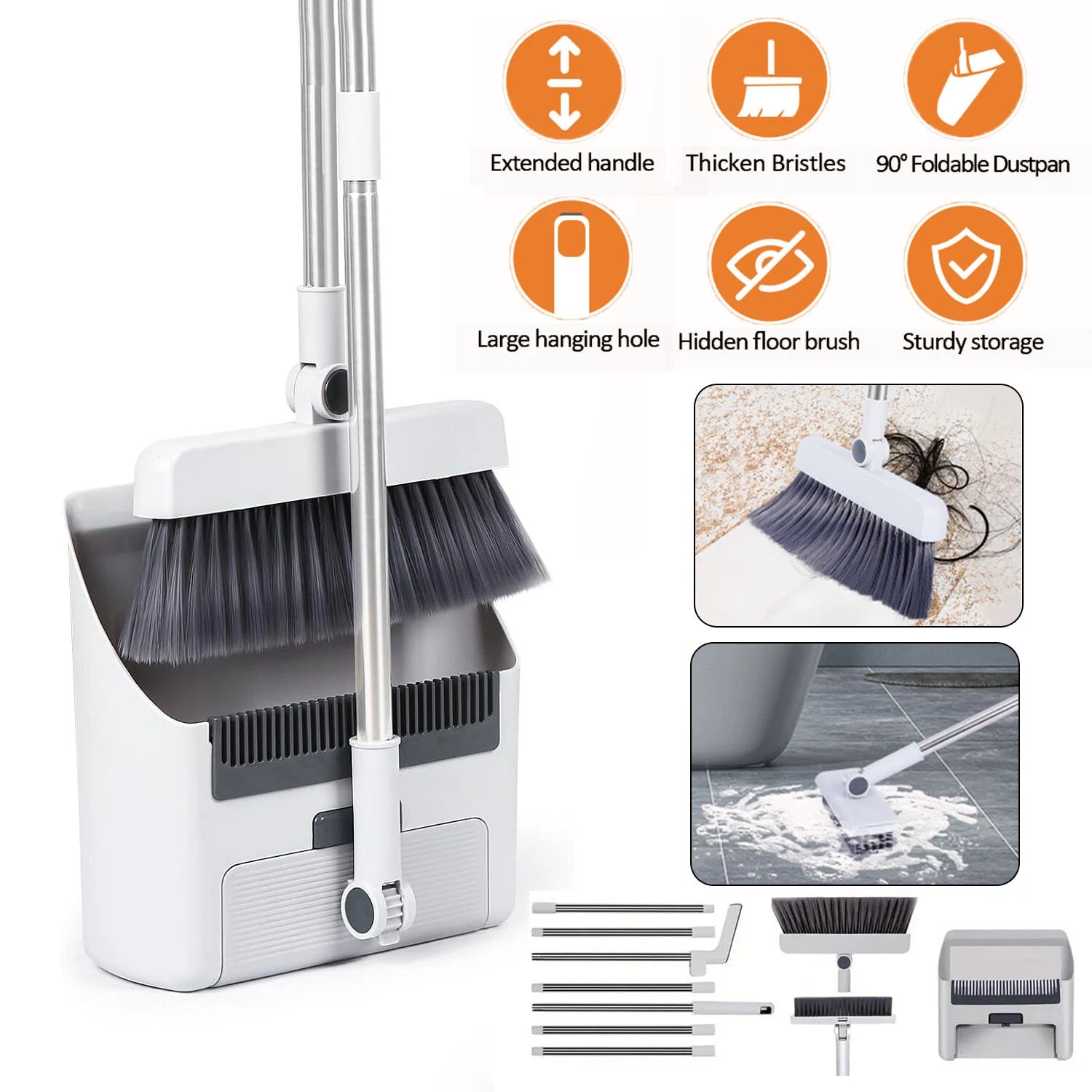 3-In-1 Broom And Dustpan Set 180 Degree Rotatable Broom Dustpan Combo  Gary