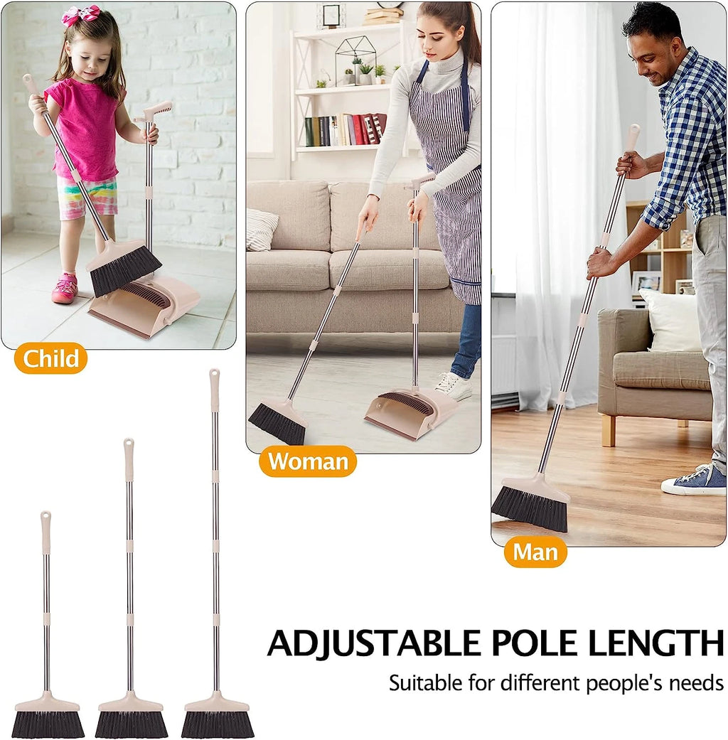 Broom and Dustpan Set with Long Handle, Light Weight Stainless Steel Poles