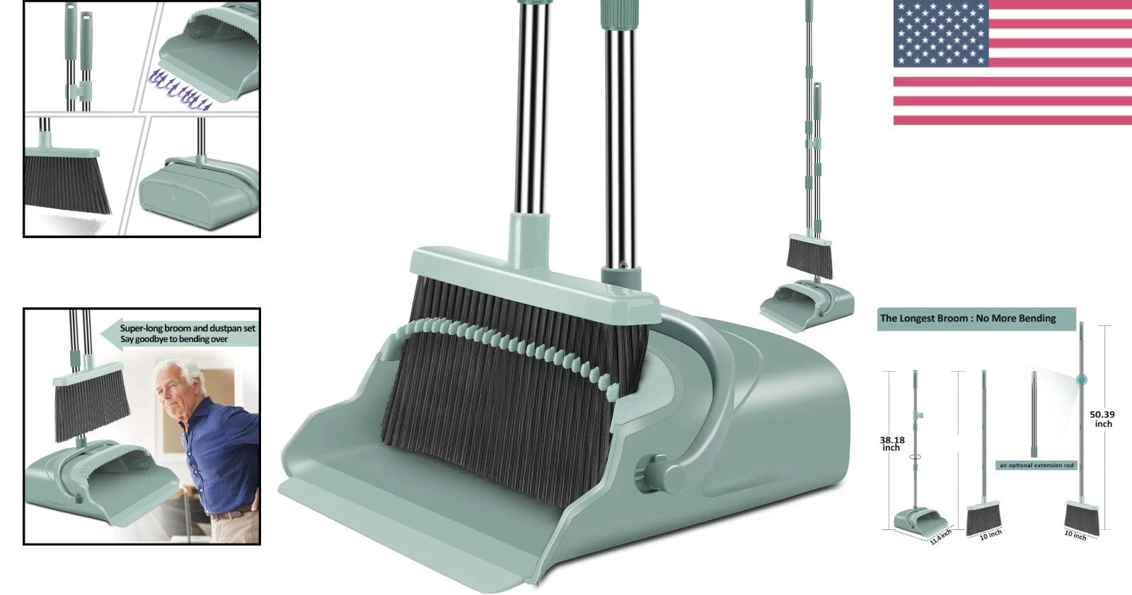 Stand-Up Broom and Dustpan Set: Adjustable, Compact & Easy Hair Cleaning - Green