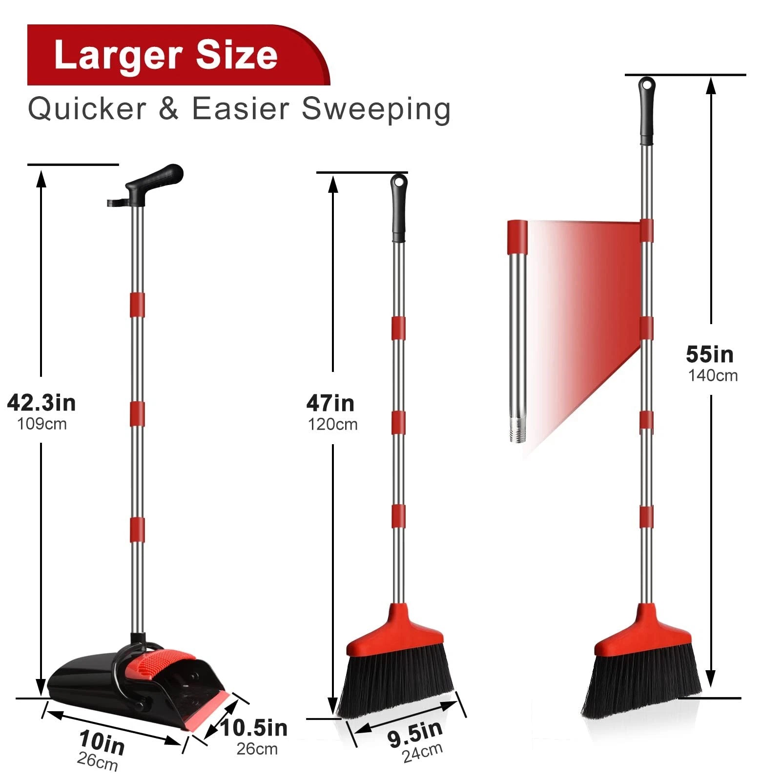 Broom and Dustpan Set 55" Long Handle Lobby Brooms Home Kitchen Floor Red