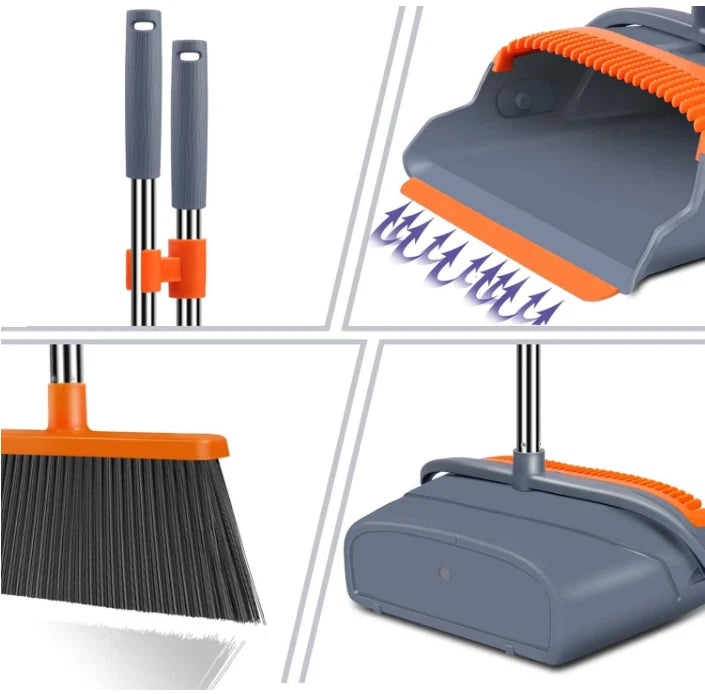 Broom and Dustpan Set, Self-Cleaning, Indoor Outdoor Use, Pets Home, Gray/Orange