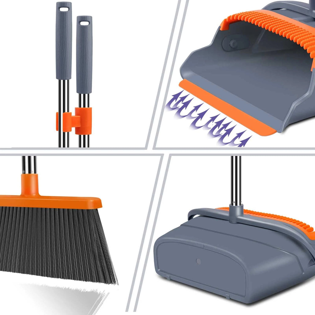 Upgrade Broom and Dustpan Set, Self-Cleaning with Dustpan Teeth, Indoor&Outdo...