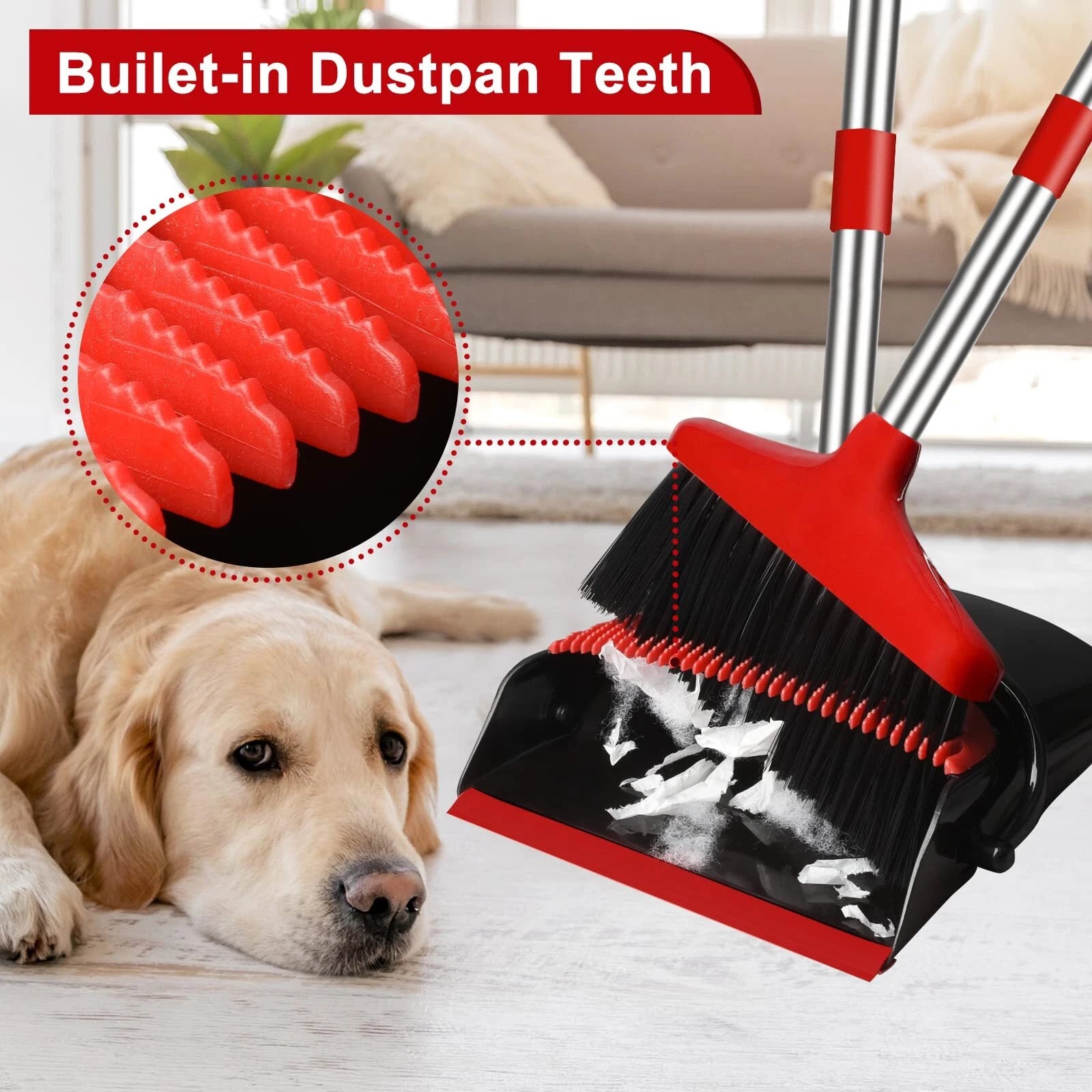 Broom and Dustpan Set 55" Long Handle Lobby Brooms Home Kitchen Floor Red