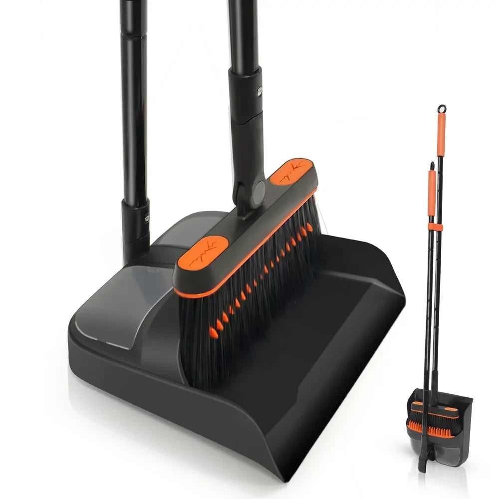 54 Inches Long Handle Broom and Dustpan Set for Home (Black Orange)