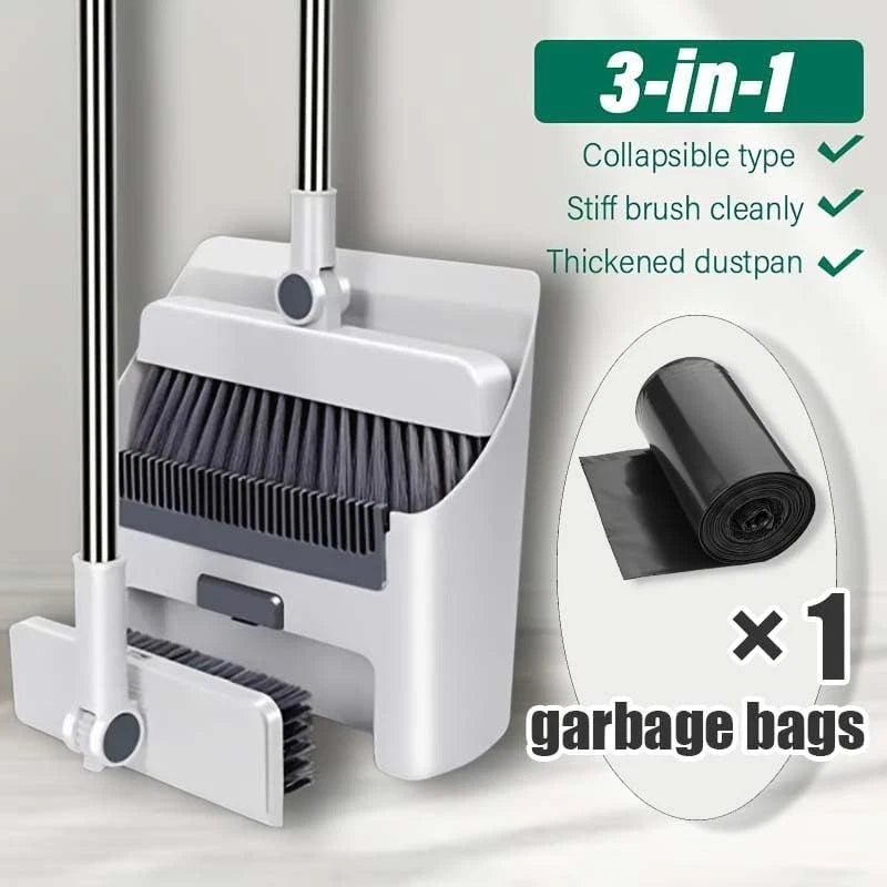 3 in 1Broom and Dustpan Set with Garbage Bags, Broom Dust pan with Long Handle,