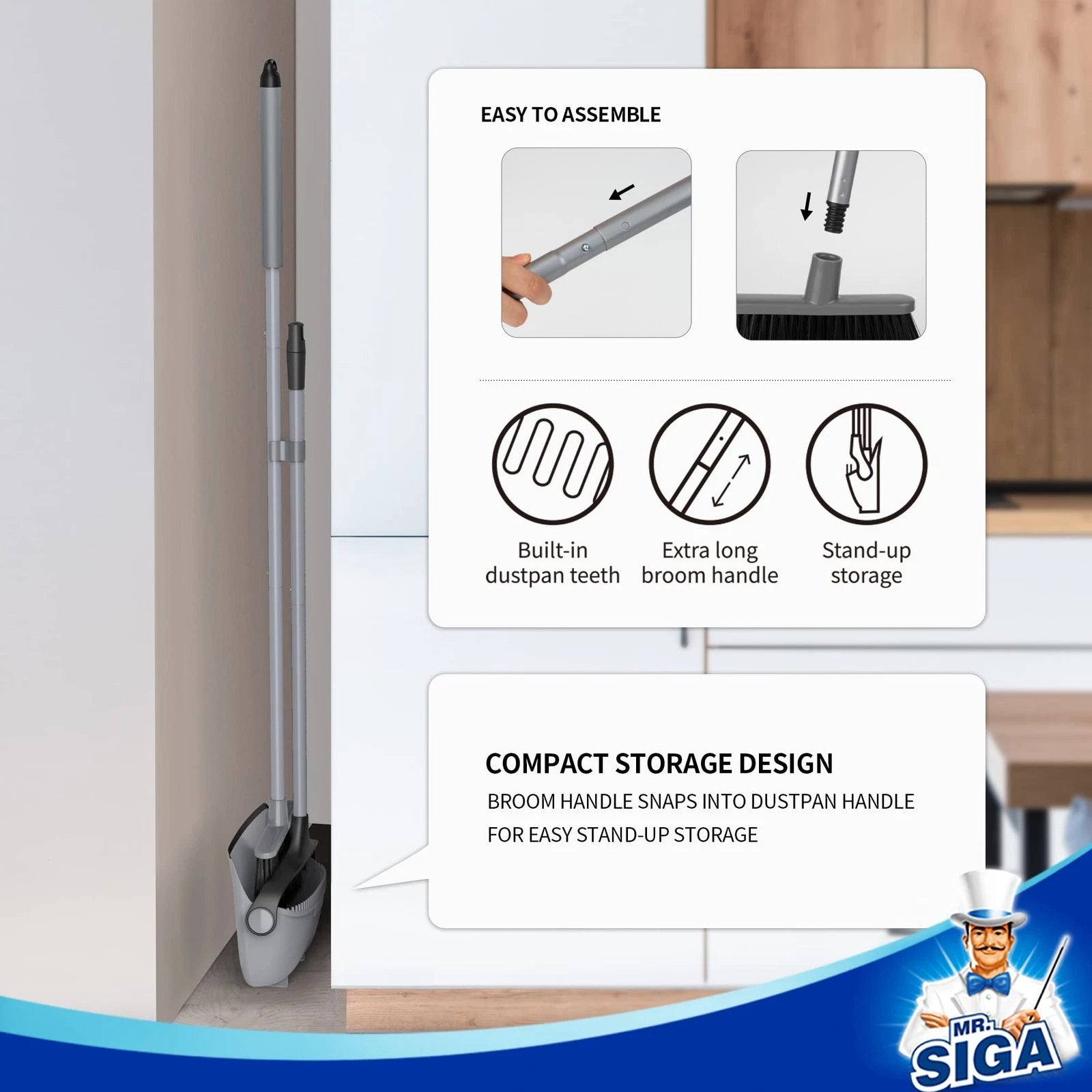Broom and Dustpan Set with Adjustable Long Handle, Upright Combo for Floor, C...